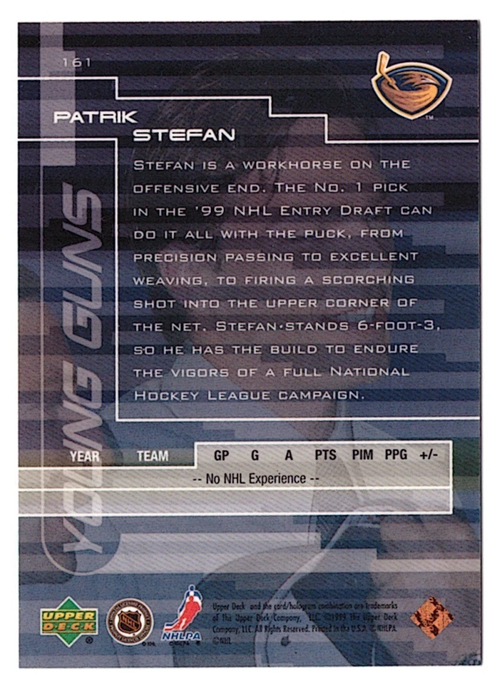 Patrik Stefan 1999-00 Upper Deck Young Guns Rookie Card - Card No. 161 - Image 2 of 2