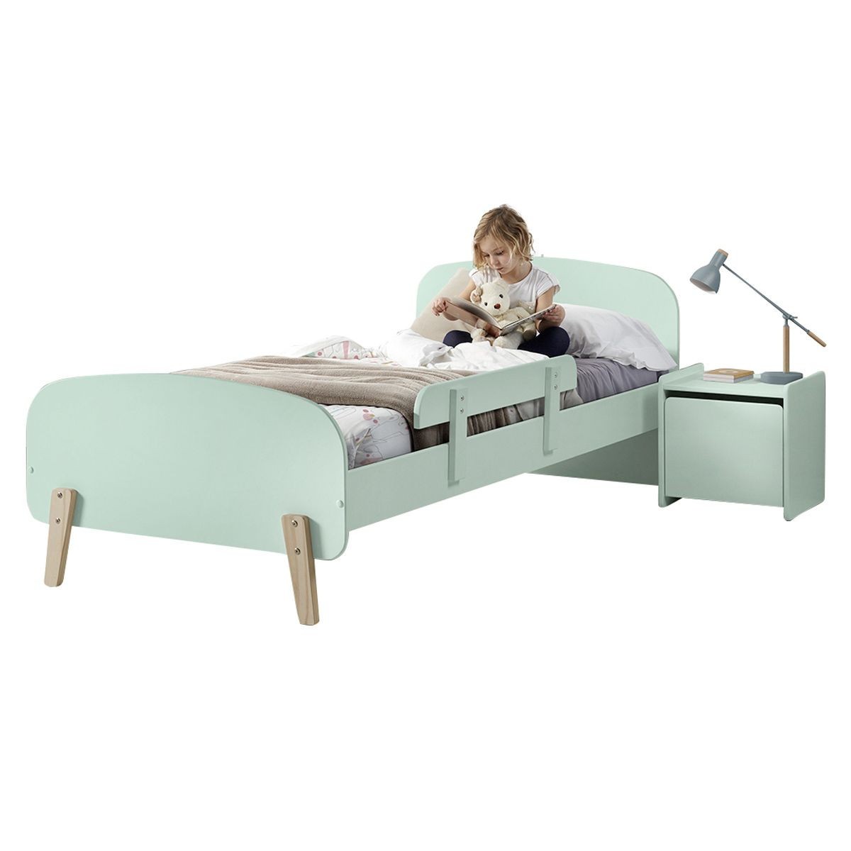Lit enfant 90x200cm avec chevet et barrière de sécurité Kiddy vert menthe
