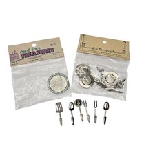 Dollhouse Miniature Silverware, Serving Tray, 4 Silver Plates Serving Utensils