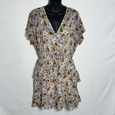 ASTR the Label Taupe Multi Floral Tiered Ruffle Mini Dress Size Medium V-Neck