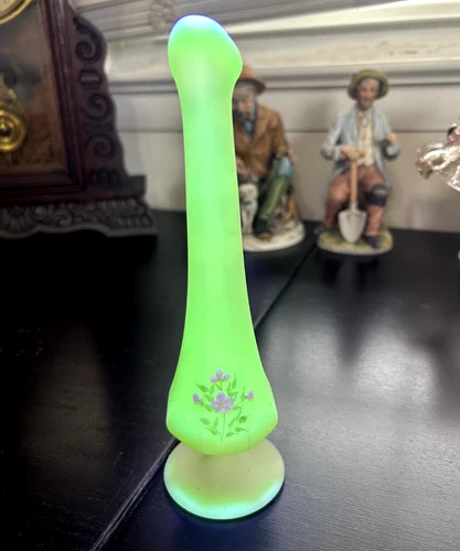 Fenton Uranium Glass Swung Bud Vase Hand Painted and Signed - Flowers - Glows