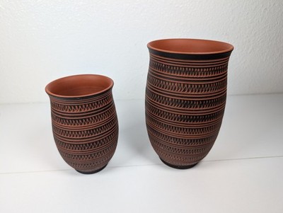 Vtg Raymor Pottery Sgraffito Terracotta Vases MCM Black Red Clay Set Bagni