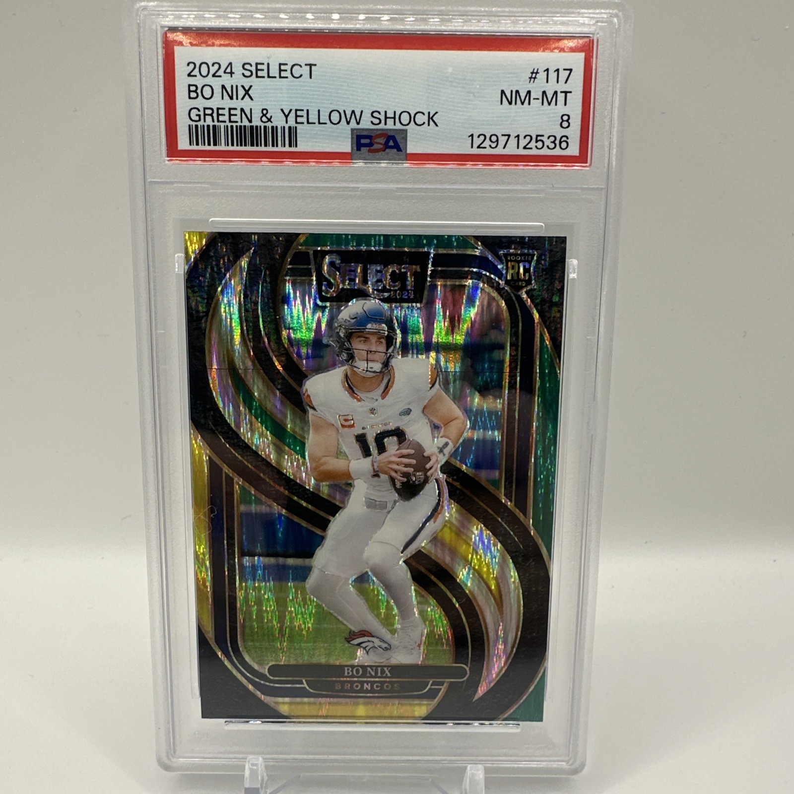 2024 Panini Select - Premier Level Bo Nix #117 Green & Yellow Shock Prizm (RC)