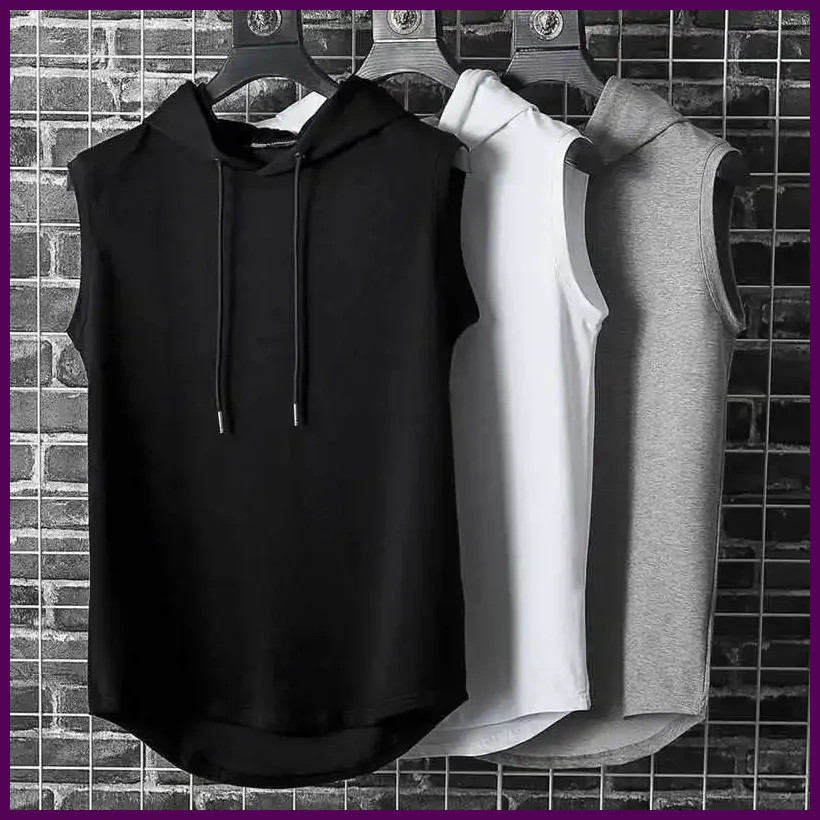 Camiseta Sin Mangas Hombre Con Capucha Color Sólido Informal