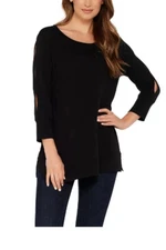 H by Halston Women's Scoop Neck French Terry Tunic w Sleeve Detail Blk