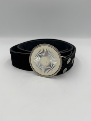 Vintage Yik Fung Black Suede Leather Belt Statement Buckle Size M Y2K Rare