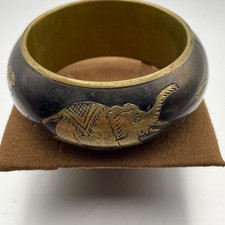 VTG Bangle Bracelet Elephant Lion Brass Black Chunky Heavy 8  