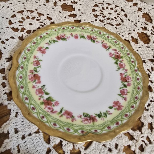 Limoges Porcelain Tea Cup And Saucer Pink/Green/Gold 1900's - Picture 4 of 11