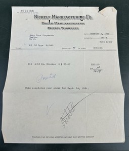 Vintage Nickels Manufacturing Co Dress Makers Bristol, Tennessee 1939 Invoice