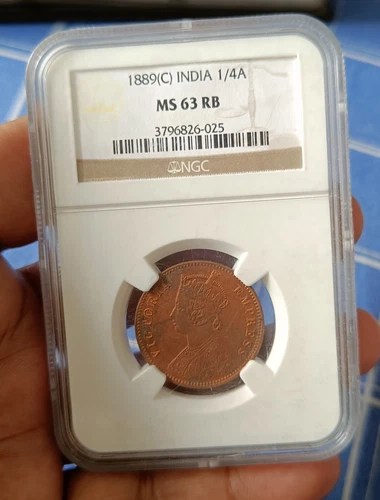 NGC Graded British India Victoria Quarter Anna 1889 Calcutta-Excellent grade
