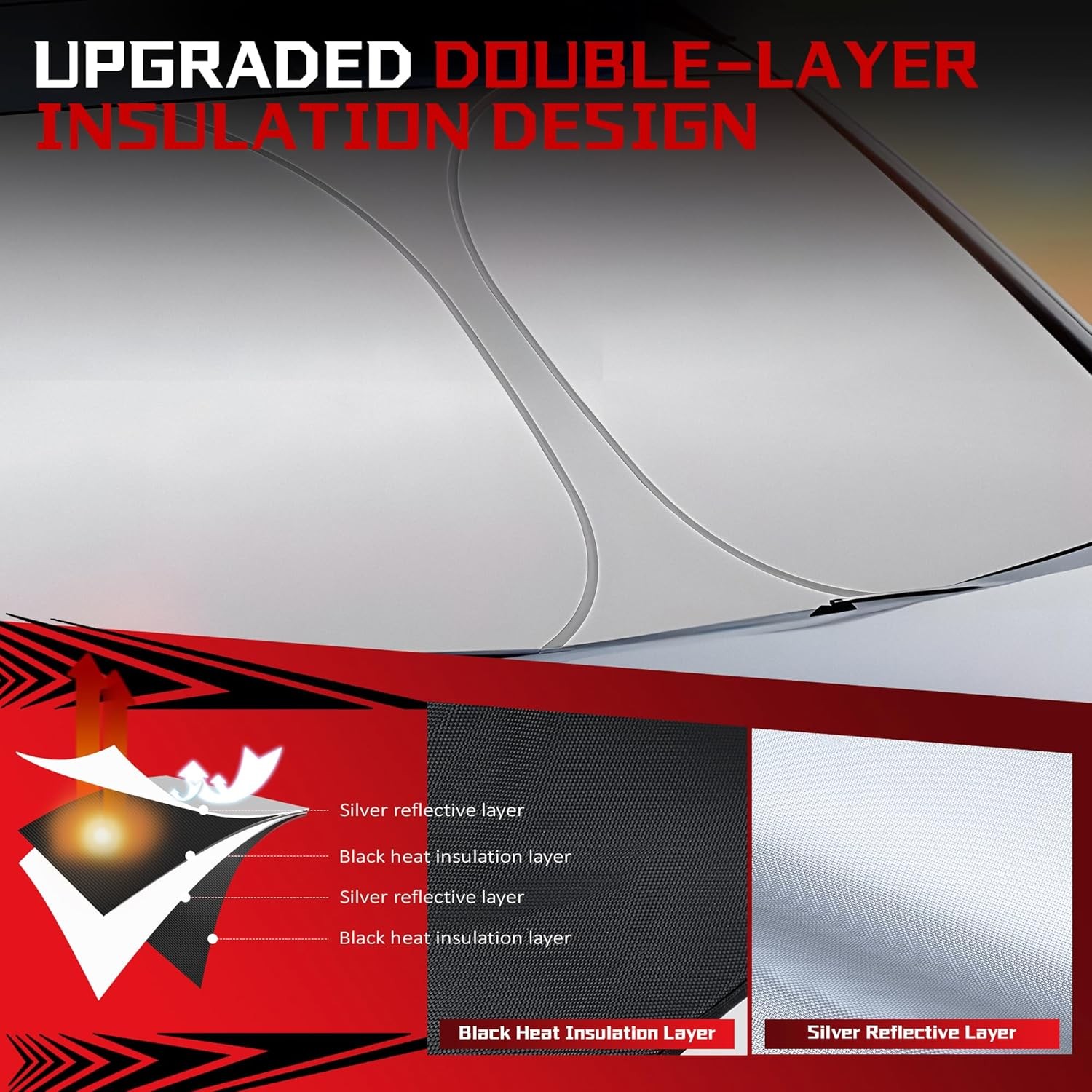 Windshield sunshade, blocking UV rays and heat Automotive interiors