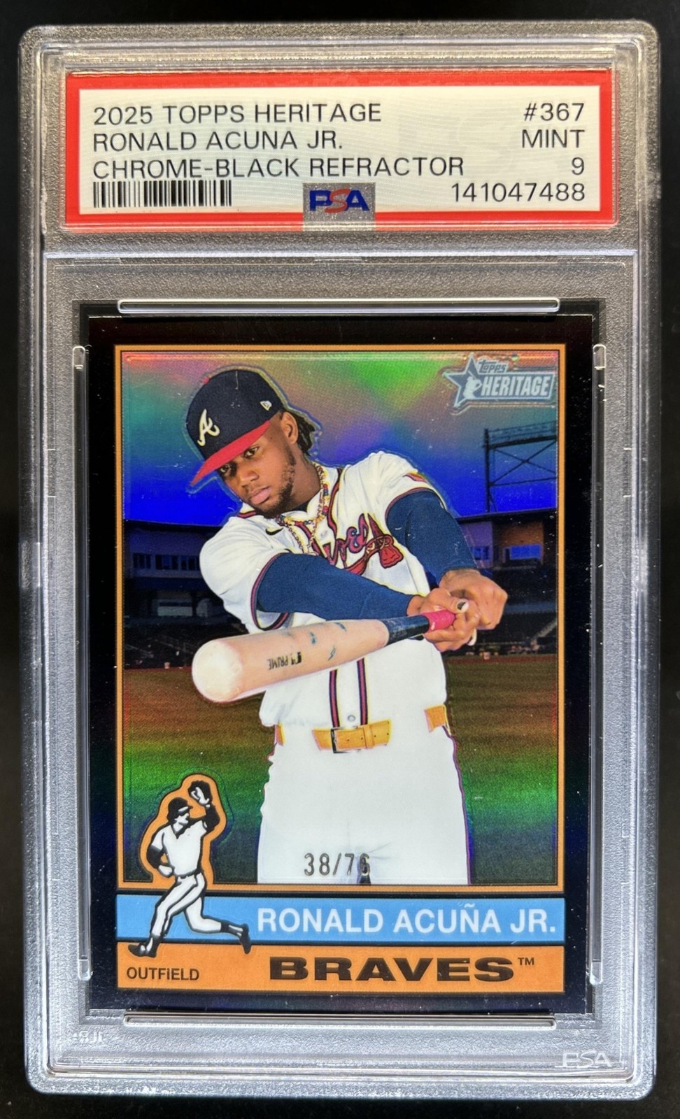 2025 Topps Heritage Ronald Acuna Jr. Chrome Black Refractor #/76 Braves PSA 9 view 1
