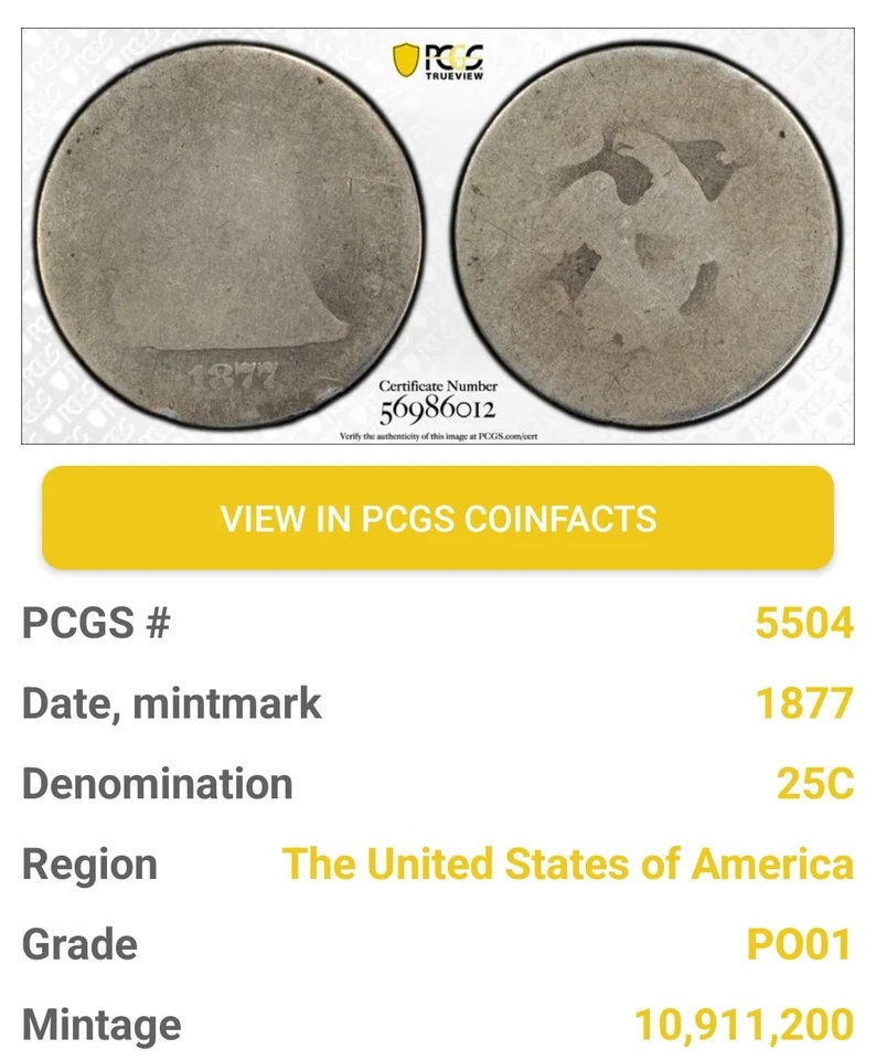 1877 P Liberty Seated Quarter PCGS P 01 Lowball (Inventory# 0002) - Image 2 of 4