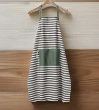 HEARTH & HAND Magnolia Apron Unisex Adult Canvas Cotton Ivory Black Green Stripe