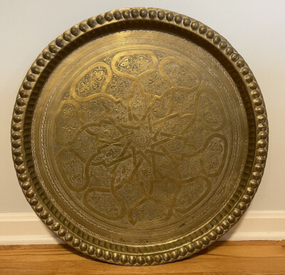 Vintage Moroccan Solid Brass Etched Tray / Table Top Scalloped Rim