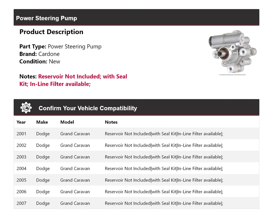 Bomba de direção hidráulica Cardone 2002 2003 2004 Dodge Grand Caravan 2001-2007 - Imagem 2 de 4
