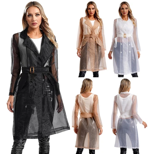 Womens Coat See Through Trench Notch Lapel Jackets Ladies Outerwear Cropped- - Picture 3 of 60