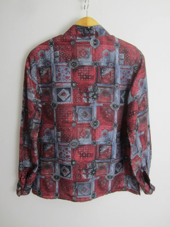 Antigo S.L.B. Blusa feminina grande borgonha roxa azul estampa burnout LS seda - Imagem 2 de 4