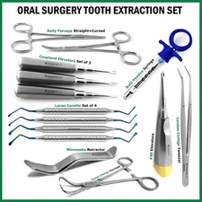 Dental Extracting Kit Oral Surgery Tooth Extraction Elevators Kelly Forceps 14PC