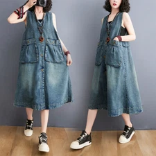 New Womens Oversize V Neck Sleeveless Denim Overall Suspender Dress Jeans Vest