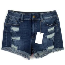 Zili Dark Wash Distressed High Waist Denim Shorty Shorts Womens Size Large NWT