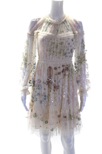 Needle & Thread Women's Long Sleeve Sequin Ruffle Mini Dress Beige Size 6 - Picture 1 of 7