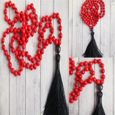 8mm Red Coral Gemstone 108 Beads Tassel mala Necklace Unisex Spiritual Chakra