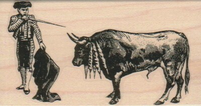 Matador With Bull 2 1/4 x 4'' Rubber Stamp, People Stamp, Bull Fighting Stamp