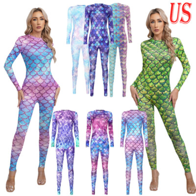 US Women's Full Body Rompers Bodysuit Swimwear Mermaid Cosplay Fish Scale Print