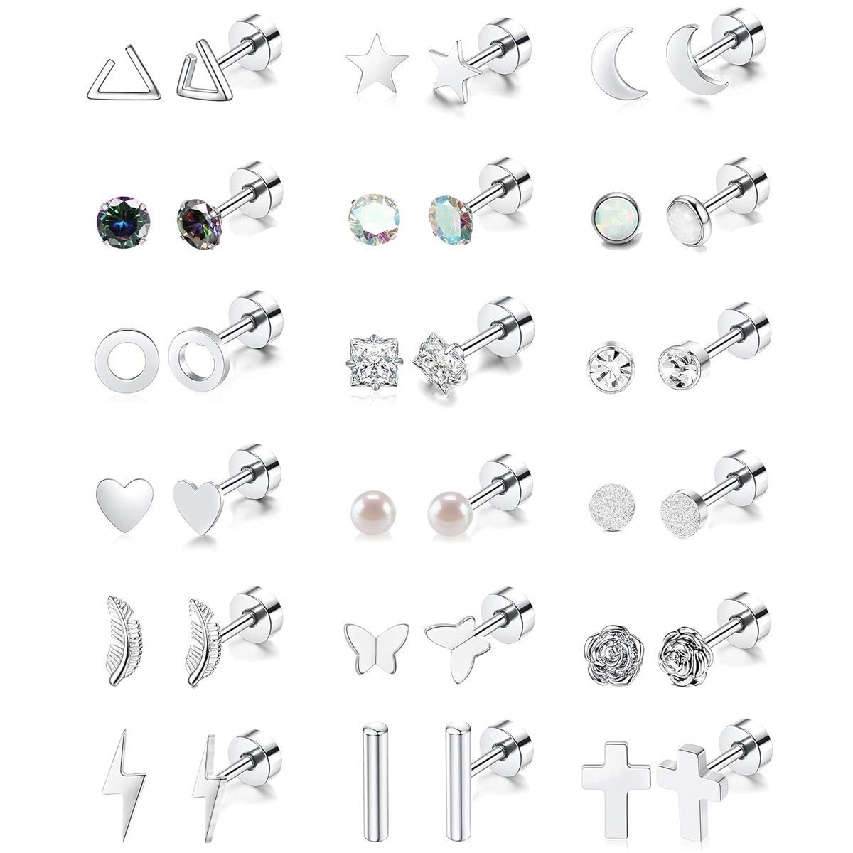 Juego de 18 pares de pernos de acero inoxidable 20G ópalo CZ pendientes de hélice piercings