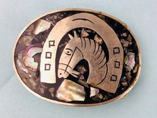 Vintage Horse Horseshoe Abalone Mexico Stamped Silver Tone Belt Buckle
