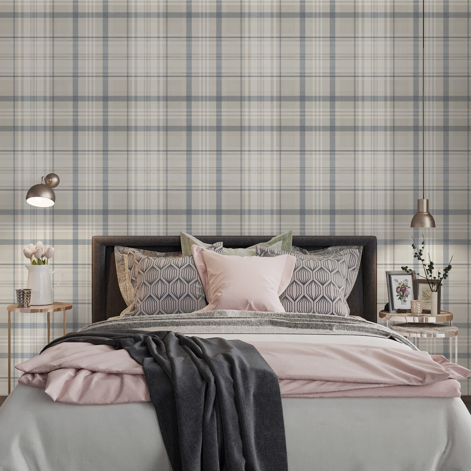 Navy Check Wallpaper Tartan Country Style Feature Wall Lounge Bedroom Hallway