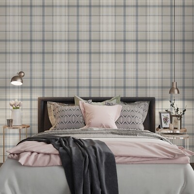 Marine Karo Tapete Tartan Landhausstil Feature Wand Wohnzimmer Schlafzimmer Flur