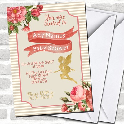 Stripy Floral Pink Gold Fairy Invitations Baby Shower Invitations Ebay