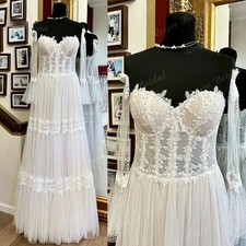 Floor Length Lace Princess Wedding Dresses Dotted Tulle with Detachable Sleeve