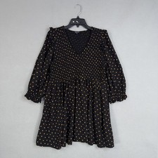 Madewell Dress Womens Large Black Polka Dot Smocked Babydoll Lucie Viscose