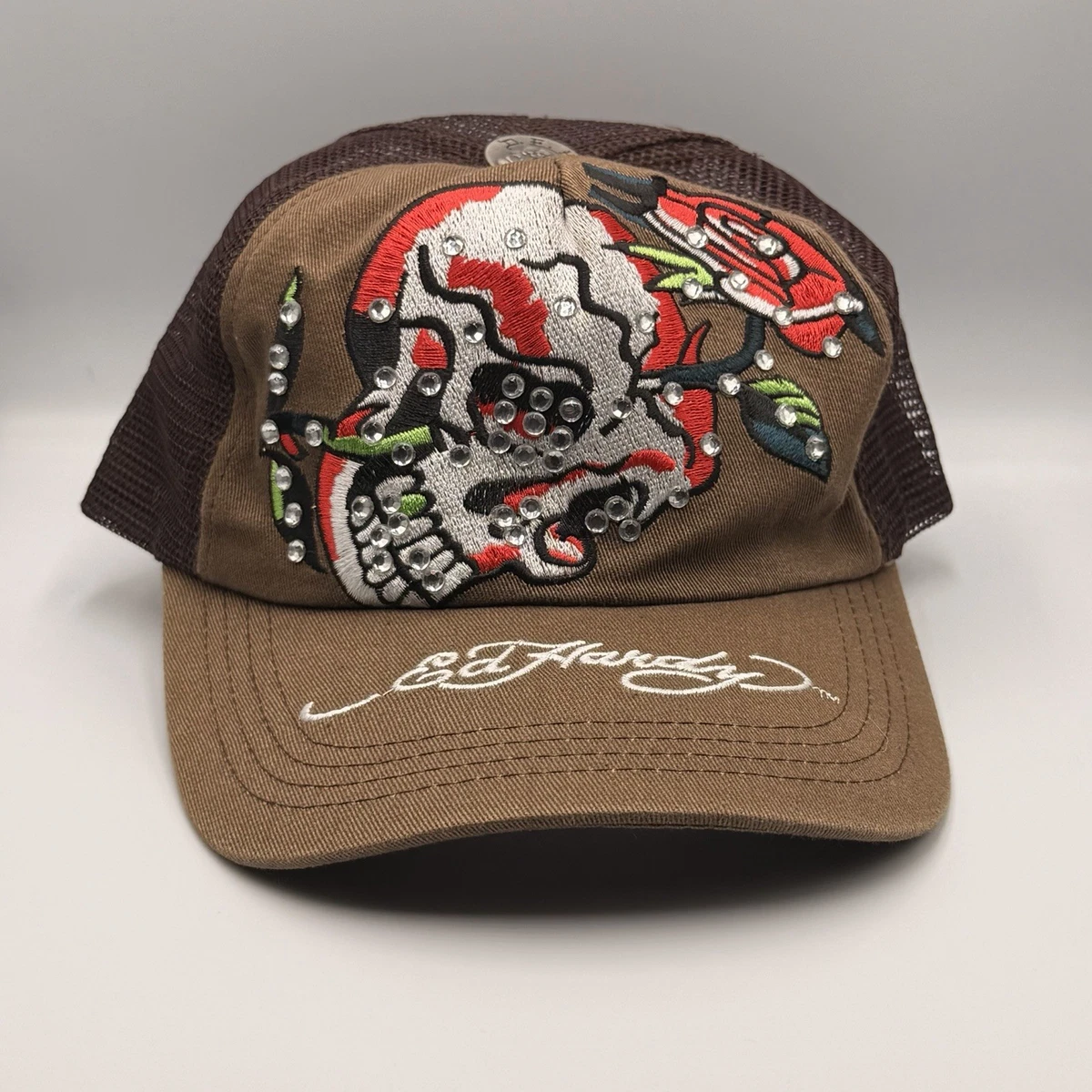 Vintage Ed Hardy Brown Trucker Hat with Embroidered Skull & Roses Ed Hardy Trucker Cap - Etsy main image 2