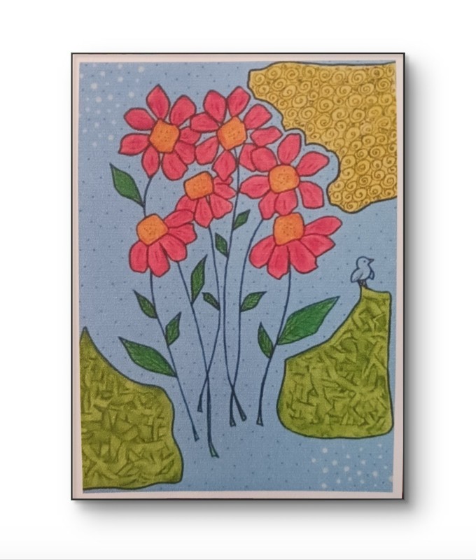 ACEO PRINT of Spring Flowers and a Bird Snow Acrylic & Pencil by Charlene Slie