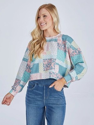 Simply Southern Laney Women L Quilt Pattern Pullover Slightly Cropped Sweatshirt