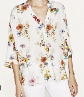 Zara Basic Floral Button Front Oversized Tunic White Size M