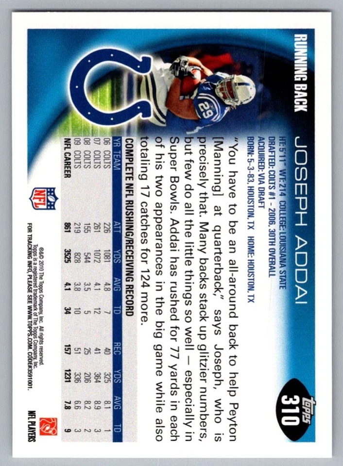 2010 Topps Joseph Addai Indianapolis Colts #310 - Image 2 of 2