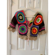 Handmade Crochet Granny Square Jacket Colorful Boho Festival Cardigan
