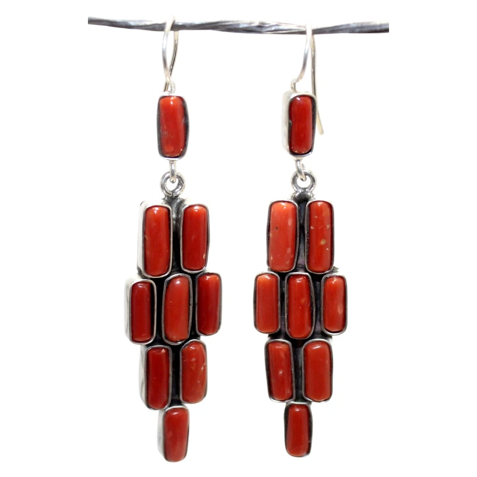 Earrings 925 Sterling Silver Natural Coral Gem Stone Handmade Women Gift G445 - Изображение 3 из 4