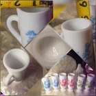 Vintage Avon Milk Glass Footed Demitasse Mugs Victorian Toile Set of 6 Red Blue