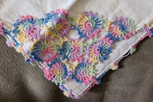 Vintage Crocheted Tatted Multi-colored Handkerchief - Picture 2 of 8