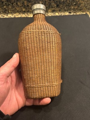 antique wicker covered  glass flask basket flask