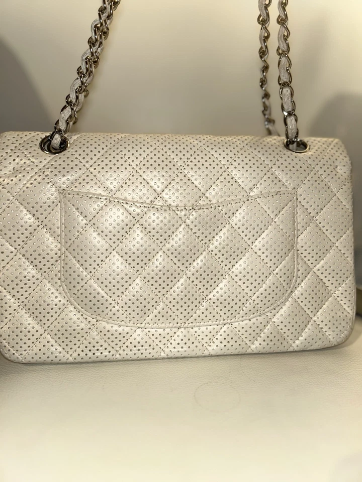 Authentic Chanel Perforated Quilted Flap Bag White Caviar Leather Silver Chain - Image 4 of 4