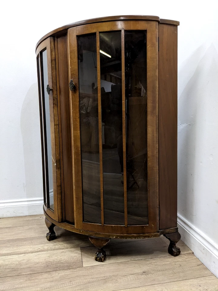 DISPLAY CABINET Antique Walnut Door Bow Front Claw Bookcase Deco FREE DELIVERY - Image 4 of 4