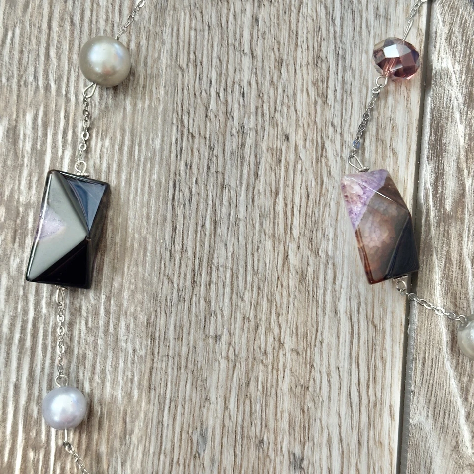 Collar de cadena con cuentas de materiales mixtos piedra vidrio plástico imitación perla tono plata Foto 4 de 4