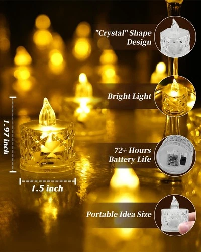 SupBri 12 Pack Crystal LED Tea Light Candles, Battery Operated, Flameless image 3